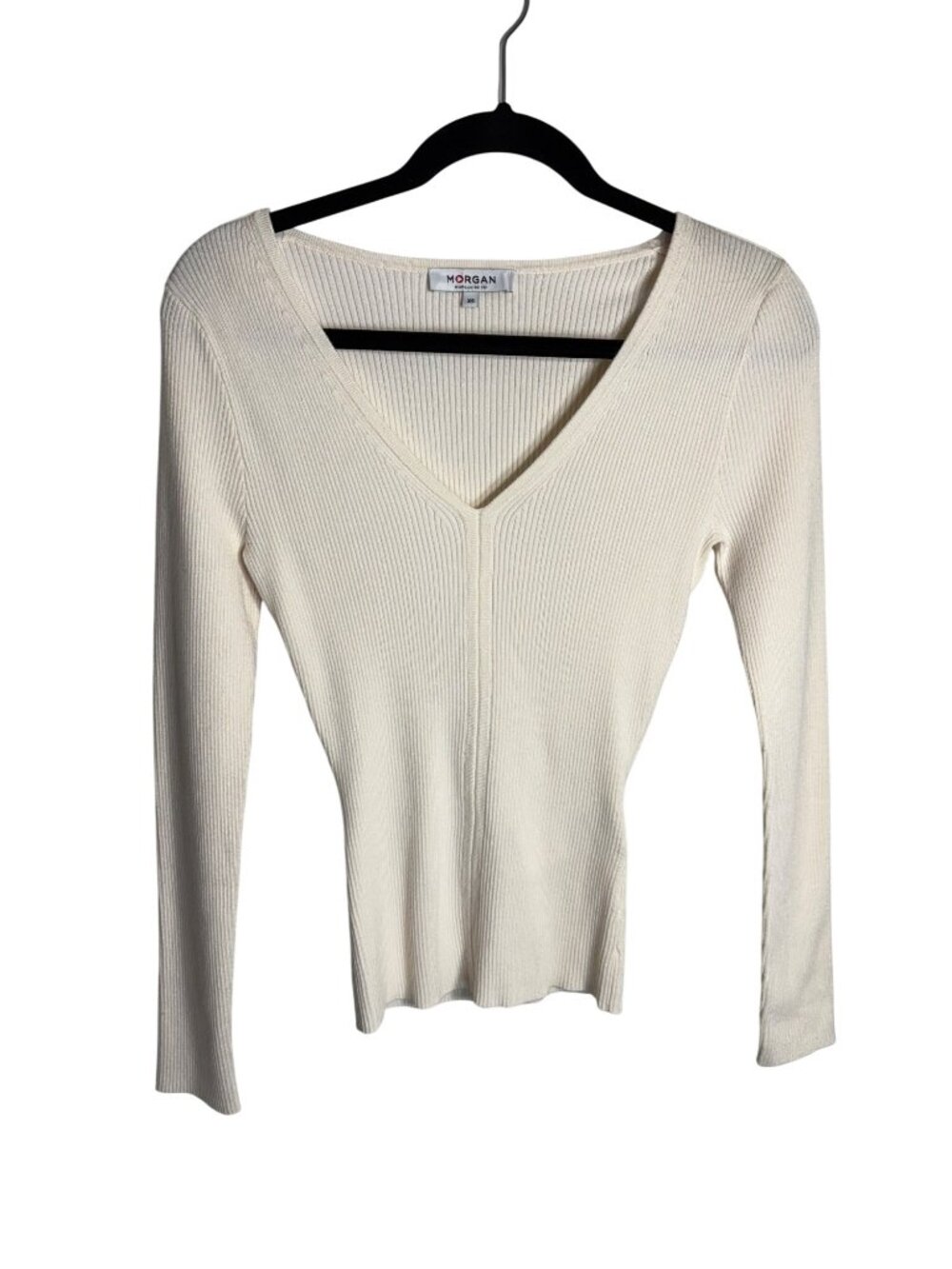 Morgan De Toi Ivory Ribbed Long Sleeve Knit Top With V-Neck & Shoulder Detail XS